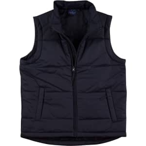 A black nylon rip-stop padded vest featuring a zip-up front and pockets, with a logo on the inner label.
