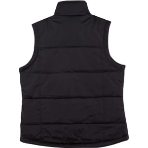 A black padded vest with a rip-stop texture, featuring a high collar and no sleeves. It has a branding logo.