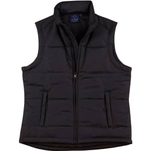 A black padded vest with a zip closure and a standing collar, featuring a logo on the inner label.