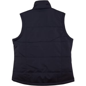 A navy blue ladies' padded vest featuring a rip-stop design and a back view, with a logo on the fabric.