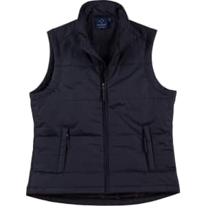 A black nylon rip-stop padded vest with a zipper and two front pockets. It features a collar and has a logo.