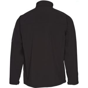A black softshell jacket featuring a high collar and a logo on the sleeve. The back view displays a sleek design.