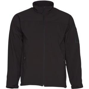A black softshell jacket with a zippered front and side pockets, featuring a logo on the arm.