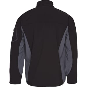 A softshell jacket in black with grey contrast panels, featuring a logo on the sleeve.