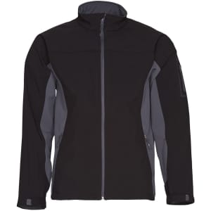 A men's softshell jacket in black with grey contrast panels, featuring a zip closure and side pockets.