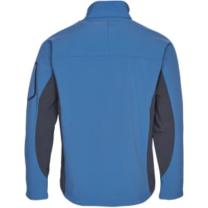 A blue and black men's softshell jacket with a high collar and a logo on the back.