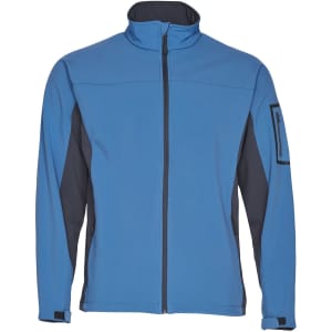 A blue and black Men's WHISTLER Softshell Contrast Jacket with a front zipper and a logo on the sleeve.