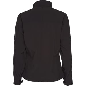 A black softshell jacket with a high collar and fitted design, featuring a logo on one sleeve.
