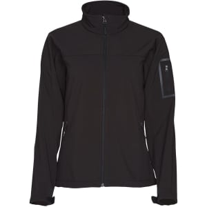 A black ladies' softshell jacket with a high collar and zippered pockets. It features a logo on the sleeve.