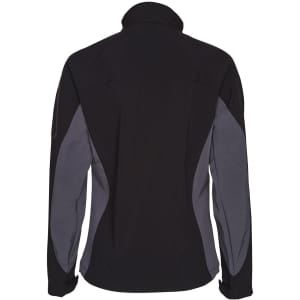 A softshell jacket in black with grey contrast panels, featuring a high collar and a logo on the sleeve.