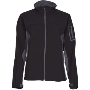A black and grey softshell jacket with a zippered front, featuring a logo on the sleeve and a high collar.
