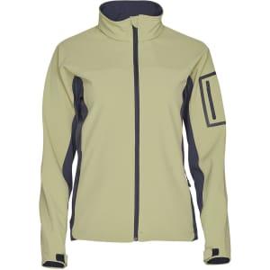 A softshell jacket in light green with dark grey accents and a zippered pocket on the arm, featuring branding.