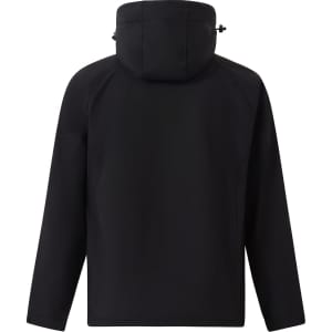A black softshell full zip hoodie for kids, featuring a hood and a simple design with a logo.