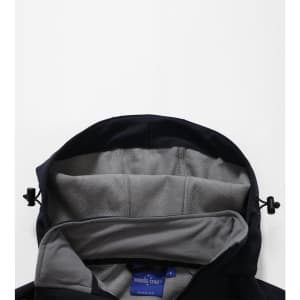 A black softshell full zip hoodie with a grey interior lining and adjustable toggles on the hood.