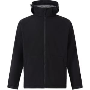 A black kids' softshell full zip hoodie with a grey interior and a zippered front. It features a stand-up collar and a logo.