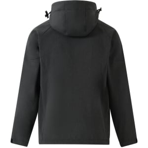 A dark grey kids' softshell full zip hoodie with a hood and adjustable features. It includes a logo.