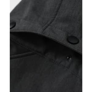 A men's softshell full zip hoodie in grey, featuring a hood and a logo on the inner collar.