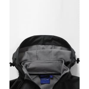 A black men's softshell full zip hoodie with a soft grey interior and a hood, featuring a logo.