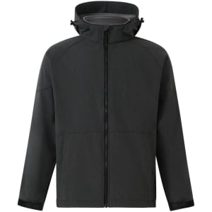 A softshell full zip hoodie in dark grey, featuring a hood and zippered pockets, with a logo on the chest.