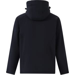 A navy blue kids' softshell full zip hoodie with a hood and a logo on the back.