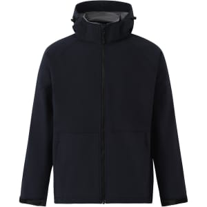 A kids' softshell full zip hoodie in navy blue, featuring a grey interior and a logo on the chest.