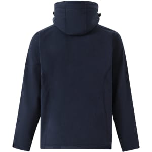 A navy blue men's softshell full zip hoodie with a hood and adjustable drawstrings, featuring a simple design and a logo.
