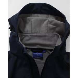 A navy softshell full zip hoodie with a grey fleece-lined interior and hood. Features a small logo inside.