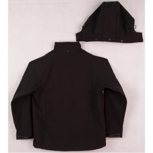 A black Kids' Softshell Full Zip Hoodie with a detachable hood, featuring a logo on the back.