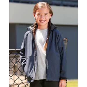 A girl wearing a navy blue softshell full zip hoodie over a grey top, smiling at the camera.