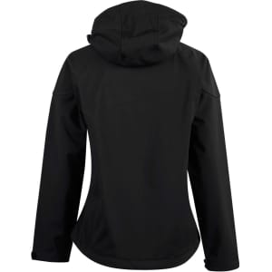 A black ladies' softshell full zip hoodie with a hood, featuring a logo on the back.
