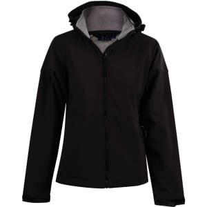 A black softshell full zip hoodie for ladies, featuring a fleece lining and a hood. It includes a logo.