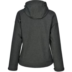 A dark grey ladies' softshell full zip hoodie with a hood and a subtle texture. Features a logo on the back.