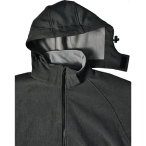 A dark grey ladies' softshell full zip hoodie with a removable hood and an inner lining. Features a logo.
