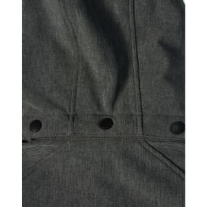 A softshell full zip hoodie in dark grey, featuring snap buttons and a simple design, includes a logo.