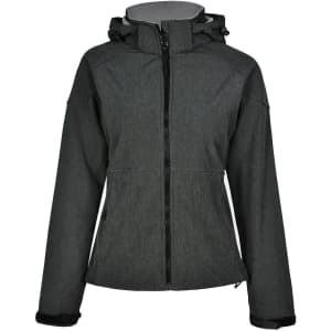 A dark grey ladies' softshell full zip hoodie with a hood, featuring a logo and a fitted design.