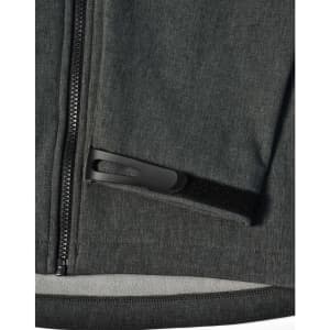 A grey ladies' softshell full zip hoodie featuring a zippered pocket and a logo.