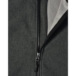 A softshell full zip hoodie in dark grey featuring a zip closure and interior fleece lining. It has a branding logo.