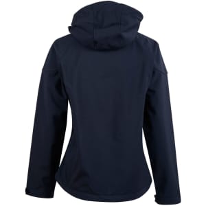 A navy ladies' softshell full zip hoodie with a hood and a logo on the back.