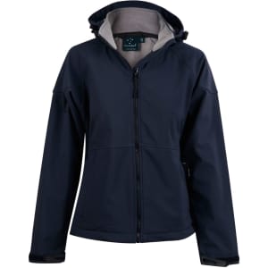 A navy women's softshell full zip hoodie with a hood and a fleece lining, featuring a logo on the chest.