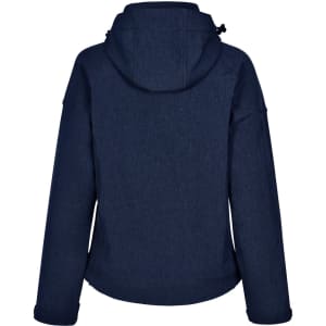 A navy blue ladies' softshell full zip hoodie with a hood and a branded logo on the back.