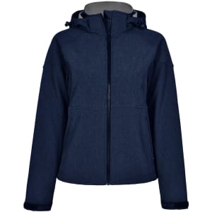 A navy blue ladies' softshell full zip hoodie with a hood and a subtle texture. It features a logo on the front.