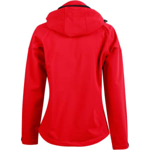 A red softshell full zip hoodie with a hood, featuring a branded logo on the back.