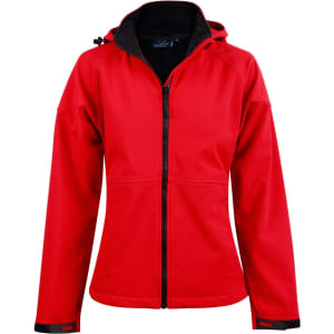 A red ladies' softshell full zip hoodie with a black interior and a hood, featuring a logo on the front.