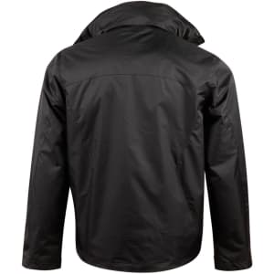 A black jacket featuring a high collar and a clean back design, including a logo.