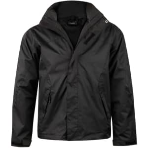 A black versatile jacket with a hood, featuring side pockets and a logo.