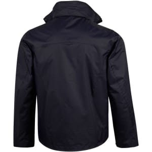 A black men's versatile jacket with a high collar and zip fastening, featuring a logo on the back.