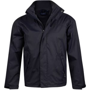 A black men's versatile jacket with a zip front, zip pockets, and a high collar. It features a logo on the chest.