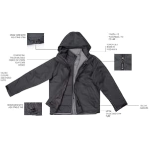 A black versatile vest displayed with a hood, adjustable cuffs, and concealed features. It includes a branding logo.