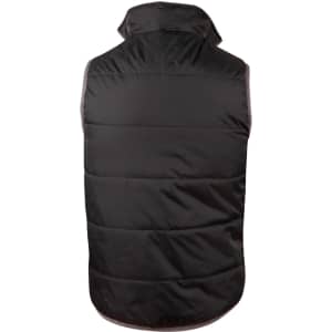 A black, sleeveless vest featuring a puffy design and high collar, with a logo on the back.