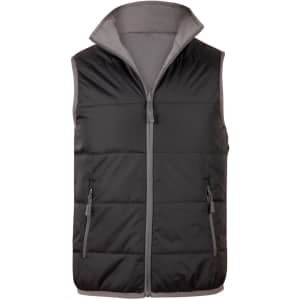 A black and grey insulated vest featuring a zip front and two side pockets, with a logo on the front.